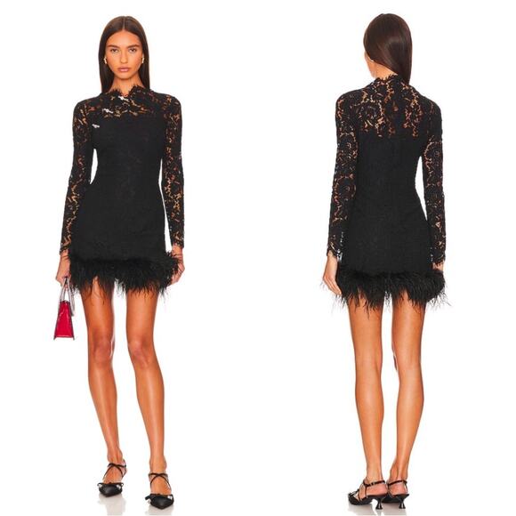 Sau Lee Dresses & Skirts - SAU LEE Mara Lace Feather Hem Long Sleeve Embellished Black Mini Dress Size 0
